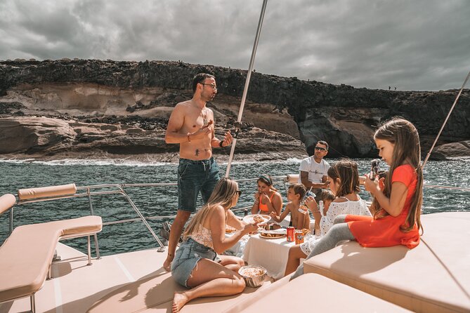 3-hour catamaran excursion along the Costa Adeje - Veril beach cove stop: snacks, drinks, and snorkeling gear